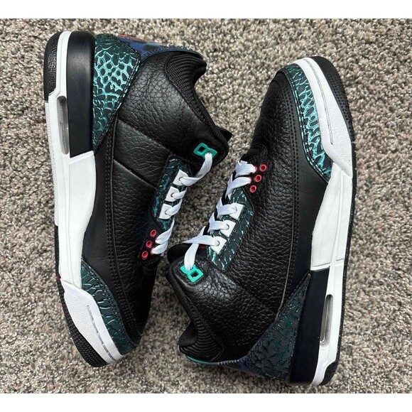 Nike Air Jordan 3 Retro Black Hyper Jade Red Size 5 Youth (Size 6.5 Women's) - Picture 7 of 8